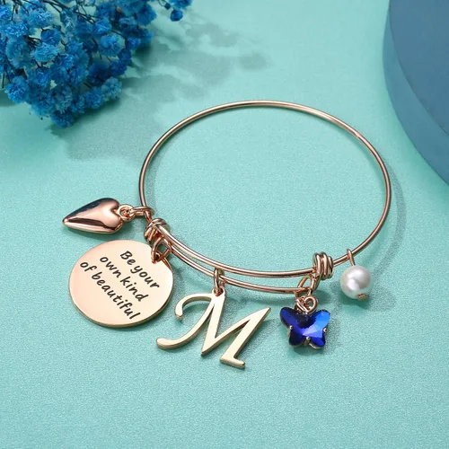 Miniatura 5 de Pulseras con dije de mariposa para mujer brazalete extensible con mensaje inspirador en inglés Be Your Own Kind of Beautiful joyería personalizada