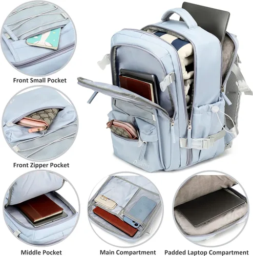 Miniatura 4 de AO ALI VICTORY Mochila de viaje para mujeres y hombres, mochilas para laptop con puerto USB, mochila de equipaje de mano, mochilas grandes para Azul