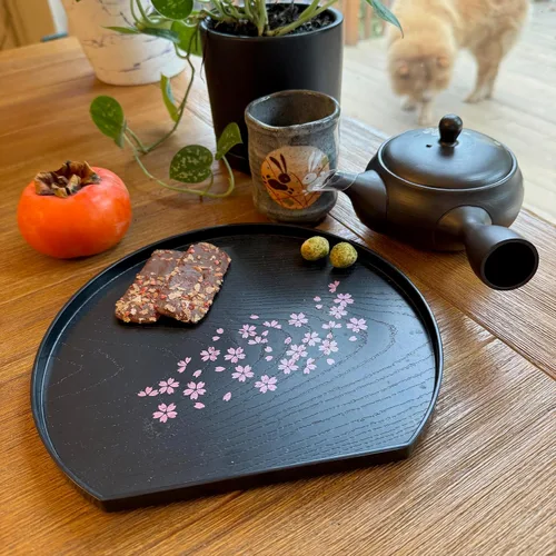 Miniatura 7 de JapanBargain, Juego de 2 bandejas de servir lacadas japonesas, diseño Sakura, bandejas de plástico ligeras para té y sushi, 8-7/8 x 7-7/8 pulgadas