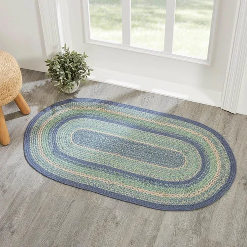 Miniatura 12 de VHC Brands Jolie Farmhouse - Alfombra decorativa de 19.5 x 36 pulgadas, textura azul de yute a rayas, medio círculo, decoración para el suelo