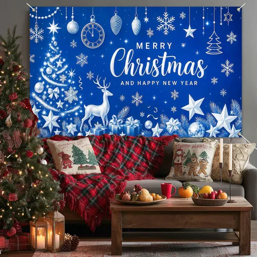 Miniatura 4 de HOMETITUTE Cartel de Navidad de 71 x 43 pulgadas, fondo azul de fotografía de invierno, copo de nieve, árbol de copo de nieve, fondo de fiesta