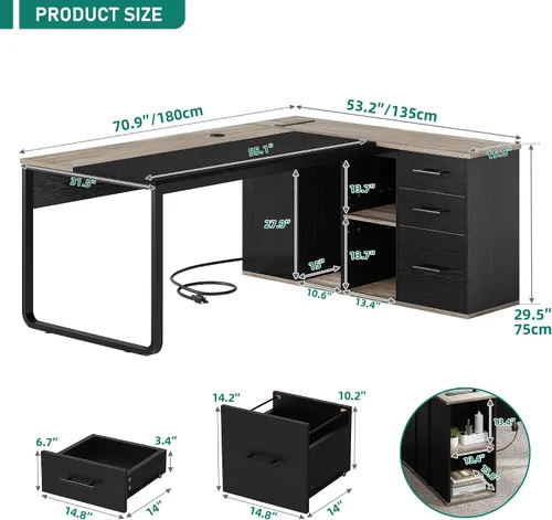 Miniatura 2 de YITAHOME Escritorio ejecutivo con tomas de corriente, escritorio en forma de L de 71 pulgadas con archivador, escritorio ejecutivo con cajones