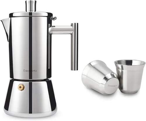Easyworkz Diego - Máquina de café expreso para estufa, con taza de café expreso de acero inoxidable, juego de 2 tazas de metal con aislamiento de