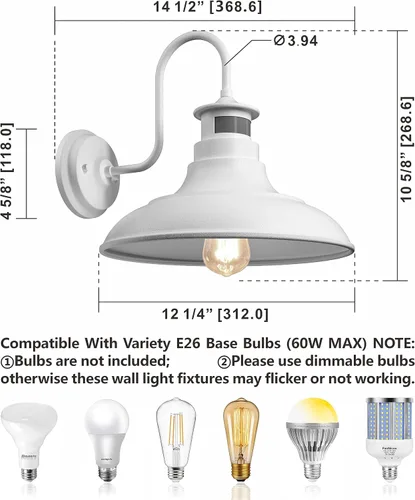 Miniatura 6 de Paquete de 2 apliques de pared de cuello de ganso estilo granja, luces de granero, sensor de movimiento y del anochecer al amanecer, accesorios
