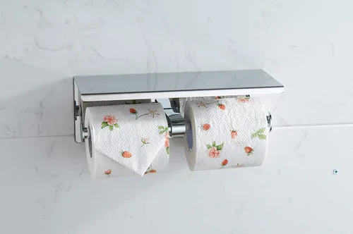 Miniatura 4 de BGL Portarrollos de papel higiénico de acero inoxidable con estante montado en la pared para baño (plateado, doble cabeza)