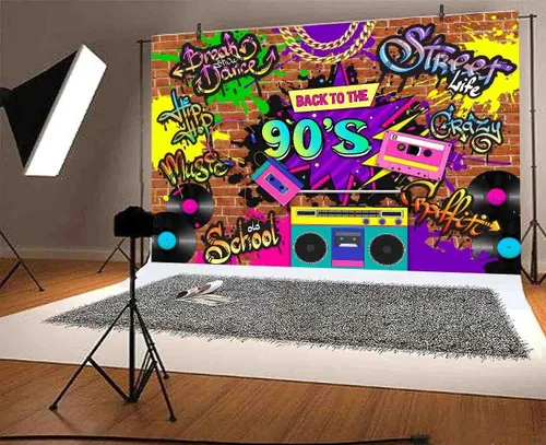 Miniatura 3 de Telón de fondo de fotografía de 7 x 5 pies de los años 90, Hip Hop Back to The 90, pared de ladrillo de graffiti, telón de fondo retro para fotos