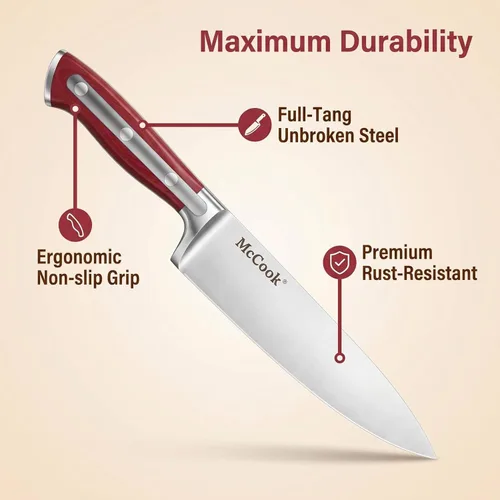 Miniatura 4 de McCook® Juego de cuchillos de cocina de acero inoxidable con bloque de madera, tijeras de cocina y afilador integrado, rojo Color rojo/natural