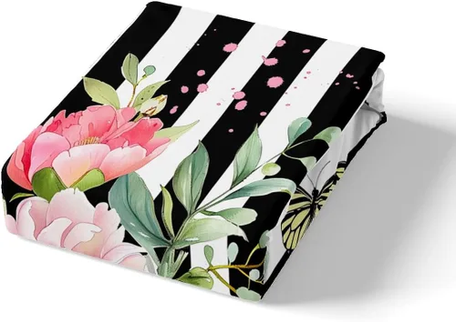 Miniatura 5 de Funda de edredón floral rosa, funda de edredón a rayas blancas y negras, juegos de ropa de cama rosa y negro, rosa con mariposa y hojas, elegante