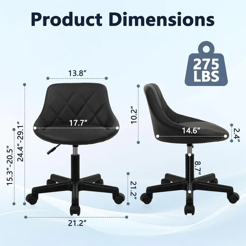 Miniatura 3 de KLASIKA Black Low Back Rolling Stool PU Leather Vanity Stools, Adjustable Height Ergonomic Swivel Rolling Desk Stool Work Office Swivel Chair