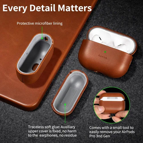 Miniatura 6 de Belemay Funda de cuero de grano completo curtido vegetal hecha a mano para AirPods Pro 3ª generación (2025), efecto de dos tonos, pátina natural