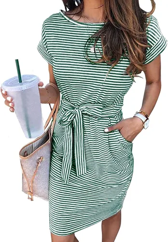 MEROKEETY - Vestido de verano con manga corta, a rayas, casual, estilo camiseta, con lazo en la cintura y bolsillos, para mujer