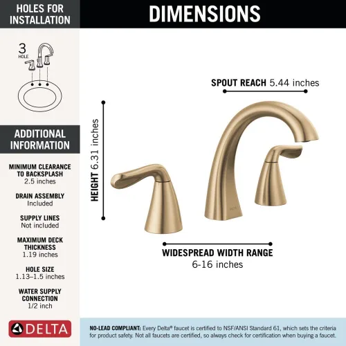 Miniatura 5 de Delta Arvo - Grifo de 3 agujeros de oro cepillado, grifo de lavabo de baño de 8 pulgadas de gran extensión para tocador, conjunto de desagüe Bronce