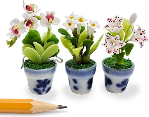 Miniatura 12 de WitnyStore Juego de 3 piezas pequeñas de 2 pulgadas de alto, orquídea amarilla, roja y naranja - Flores artificiales hechas a mano, coloridas