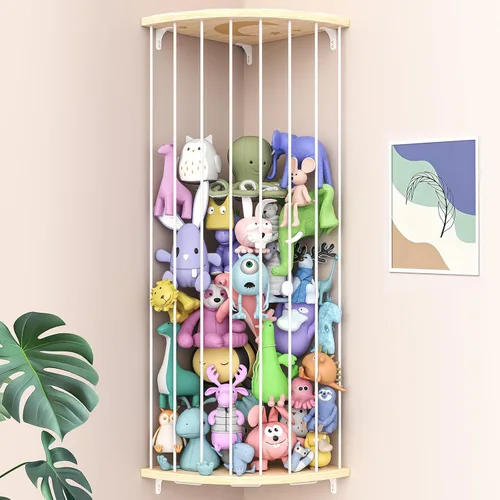 Zoológico de almacenamiento de animales de peluche de esquina, organizador grande ajustable de juguetes de felpa de madera maciza, estante colgante
