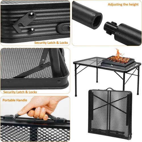 Miniatura 6 de Mesa plegable de 4 pies con escritorio de malla metálica, mesa de campamento con asa de transporte, altura ajustable (16.5 y 26 pulgadas), mesa al