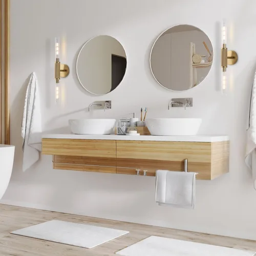 Miniatura 7 de Apliques de pared con textura moleteada dorada de 24" Lámparas modernas cilíndricas para tocador de baño con pantalla de vidrio transparente rayado