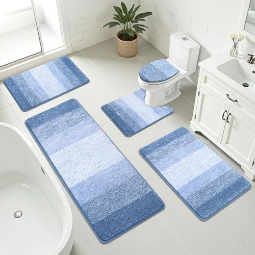 Miniatura 16 de Bsmathom Juego de 4 alfombras de baño, alfombras de baño de microfibra suave y absorbente con alfombra de contorno en forma de U para inodoro y Azul