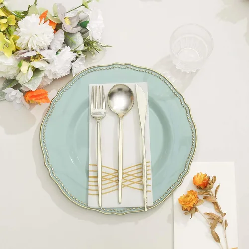 Miniatura 9 de Efavormart - Paquete de 10 platos llanos de plástico con borde festoneado negro/dorado de 9 pulgadas, platos desechables para fiestas de bodas