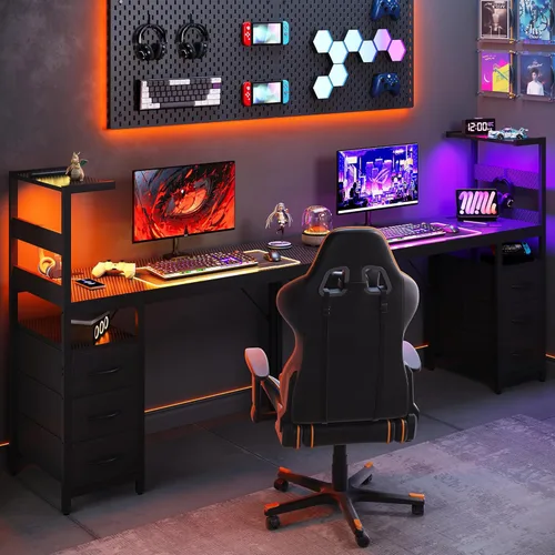 Miniatura 7 de YOUDENOVA 40 Inch Gaming Computer Desk with Led Lights, Small Desk with Storage Shelves and Drawers, Reversible Compact Gamer Table for Home Office