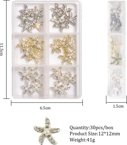Miniatura 5 de 30 dijes de uñas de estrella de mar de aleación 3D, diamantes de imitación de uñas de 6 colores AB brillantes cristales diamantes, joyería de uñas