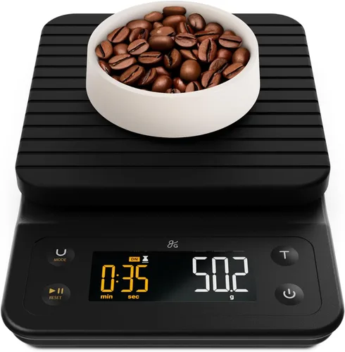 Greater Goods Báscula de café con temporizador, báscula digital de precisión de 0.00 oz para café y café expreso para vertido, pesaje de granos de