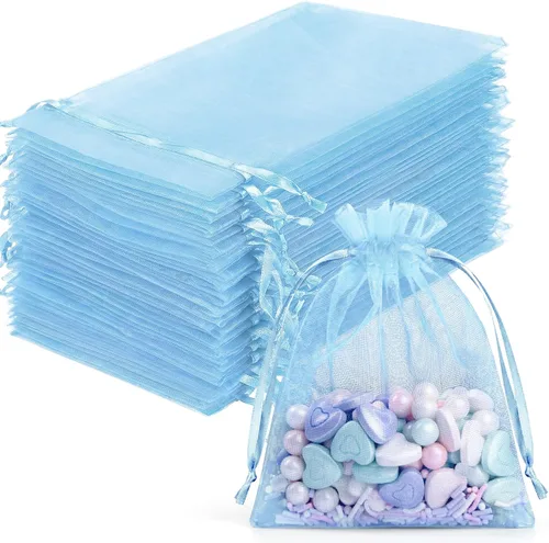 FUNFERY 100 bolsas de organza azul bebé de 3 x 4 pulgadas, pequeñas bolsas de regalo con cordón de malla para bolsitas, joyas, dulces, recuerdos de