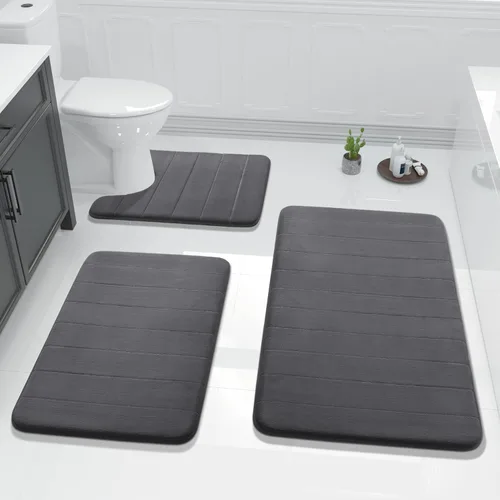Miniatura 24 de Yimobra Juego de 3 tapetes de baño de espuma viscoelástica con alfombra de inodoro en forma de U, antideslizantes, súper suaves, absorbentes, de Gris