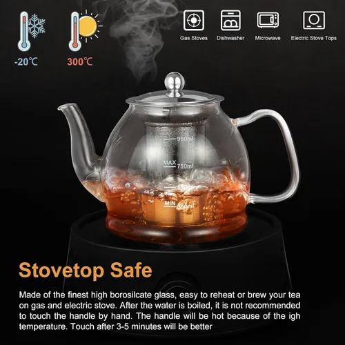 Miniatura 3 de Tetera de vidrio, tetera de 33 onzas / 33.8 fl oz con infusor extraíble, tetera transparente para té de hojas sueltas y té floreciente, hervidor