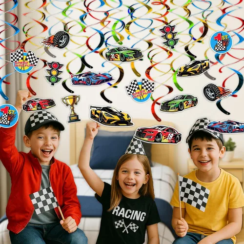 Miniatura 2 de HonuGoGo Kit de decoración de fiesta de cumpleaños de coche de carreras, 26 espirales colgantes con temática de carreras, carteles y recortes