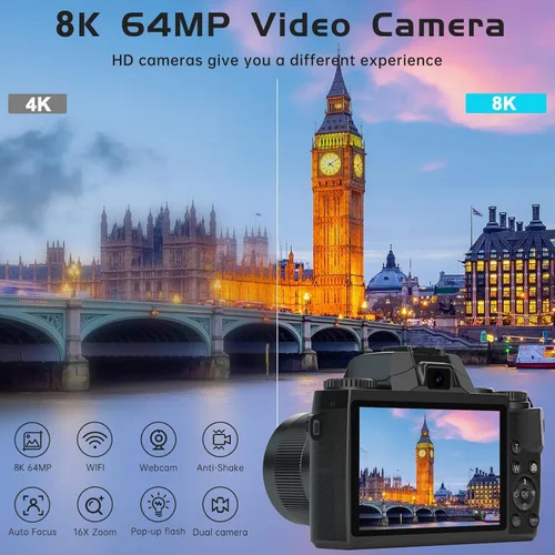 Miniatura 4 de Cámara digital 8K para fotografía, WiFi y cámara de vlogging con pantalla táctil de 4 pulgadas para YouTube con doble lente, cámaras de vlog de 64