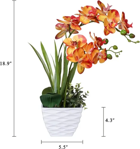 Miniatura 7 de Ohmywor Flores artificiales de orquídea naranja, arreglos de falaenopsis falsas, flores de orquídea de otoño con maceta blanca de 18.9 pulgadas