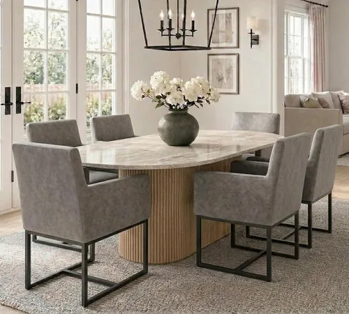 Miniatura 11 de HNY Juego de 6 sillas de comedor tapizadas modernas de mediados de siglo con brazos, sillas decorativas de lino con marco de metal con acabado Marco