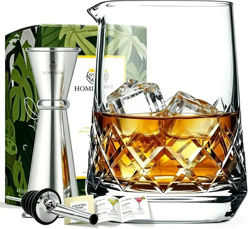 Homestia Vaso mezclador de cóctel de 25 onzas, 25.0 fl oz, accesorios de barman de cristal con jigger y vertedor, vaso de vaso de vaso de mezcla 25oz