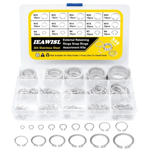 Miniatura 8 de Juego de anillos de presión, 325 piezas de anillos de retención externos de acero aleado, 15 tamaños de clips en C, juego de clips circulares