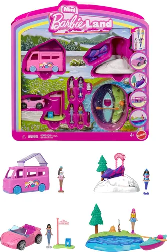 Barbie Mini BarbieLand - Set de muñecas y vehículos de juguete de 4 piezas con 4 muñecas de 1.5 pulgadas y 4 vehículos de juguete icónicos con