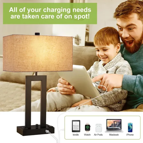Miniatura 4 de Juego de lámparas de mesa modernas de 2 a 22 pulgadas de alto con puertos de carga USB-C/USB-A y tomacorriente, tela regulable continua, lámparas