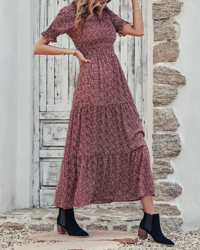 Miniatura 165 de BTFBM Vestidos para mujer, cuello redondo, casual, de verano, con volantes, manga corta, bohemio, con niveles, fruncido, largo, con estampado floral