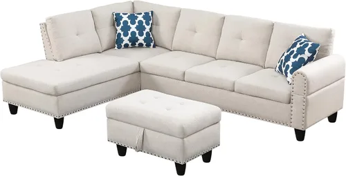 Miniatura 7 de YOPTO Sofá modular en forma de L con otomana de almacenamiento y 2 portavasos, sofá tapizado de lino de 5 plazas con 2 almohadas para sala de estar