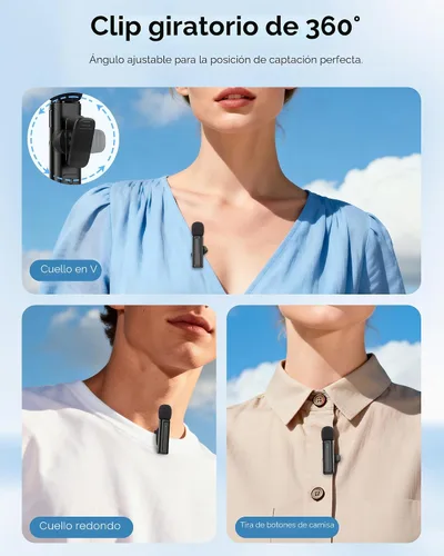 Miniatura 4 de Mini micrófono inalámbrico para iPhone, iPad, Android, paquete de 2 micrófonos Lavalier con clip giratorio de 360°, micrófono USB-C con reducción
