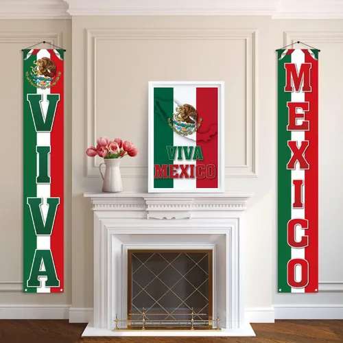 Miniatura 4 de Pudodo Viva México Porche Banner Dia De La Independencia Día de la Independencia Mexicana Fiesta Puerta Frontal Colgante de Pared Banner Decoración