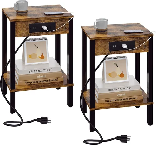 Miniatura 8 de Mesa auxiliar con estación de carga, mesita de noche de 2 niveles con estante de almacenamiento, mesa auxiliar moderna, mesita de noche para espacio