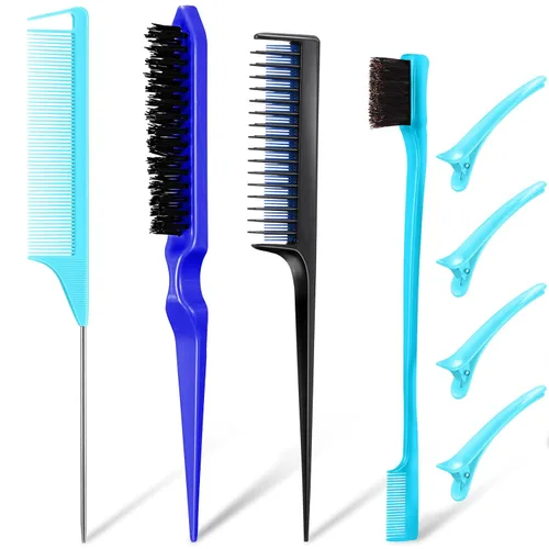 Miniatura 9 de Juego de 8 piezas de peinado para mujeres, niñas y estilistas: cepillo de burlas, cepillo de borde, peine triple, peine de cola de rata con clips