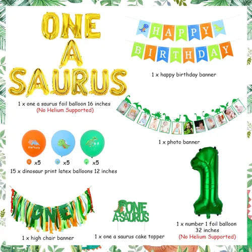 Miniatura 6 de Sursurprise Decoraciones de cumpleaños de One a Saurus, suministros de fiesta de primer cumpleaños de dinosaurio con globos, pancarta para silla