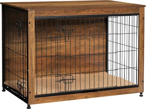 Miniatura 18 de DWANTON Mueble de jaula para perros con cojín, mesa de madera para perros con puertas dobles, casa de perro de interior, tamaño pequeño, mediano
