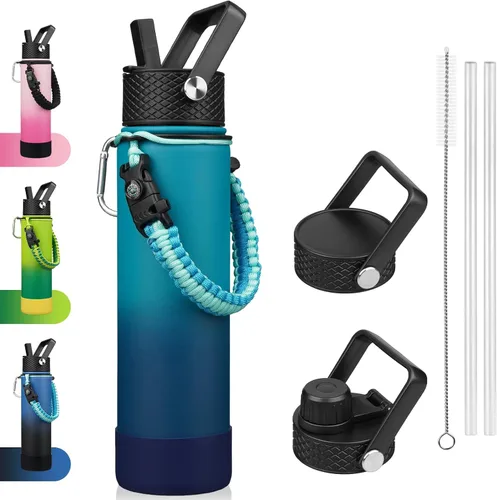 Miniatura 16 de BJPKPK - Botella de agua con tapa de popote, botellas de agua aisladas de 18 onzas con 3 tapas, asa de cuerda de paracaídas y base antideslizante