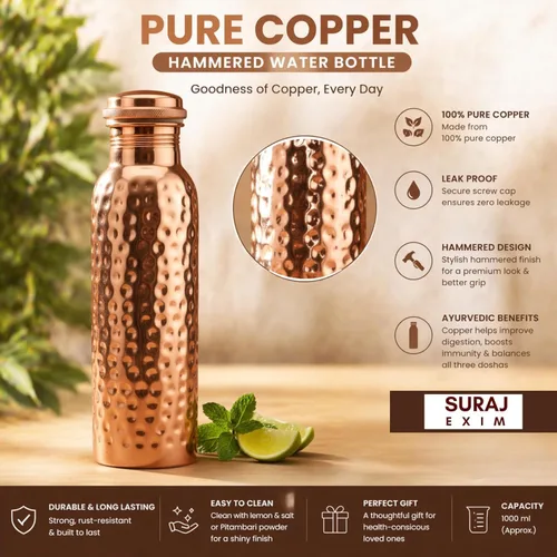 Miniatura 5 de Botella de agua de cobre puro de 34 onzas, recipiente ayurvédico auténtico para apoyo inmunológico y bienestar, ecológica, sin BPA, 100% cobre