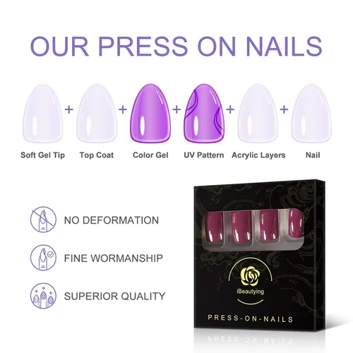Miniatura 4 de Uñas postizas a presión suaves de color rojo morado oscuro, uñas postizas de color morado oscuro, uñas postizas reutilizables con acabado de gel UV