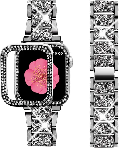 SUPOIX - Correa compatible con Apple Watch de 1.49 pulgadas + funda, joyería para mujer con diamantes brillantes, bandas de metal y 2 unidades de