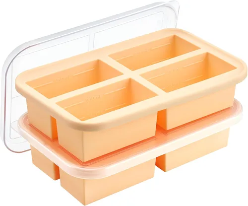 Winrock Super Ice Cube Tray 1 taza x 4 porciones, molde grande de silicona para congelar con tapa, para sopa y comida, recipiente de almacenamiento