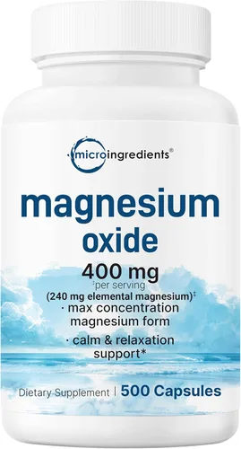 Óxido de magnesio 400 mg, 500 cápsulas | Forma elemental para máxima concentración | Apoya la calma, la salud muscular y nerviosa | Sin OMG